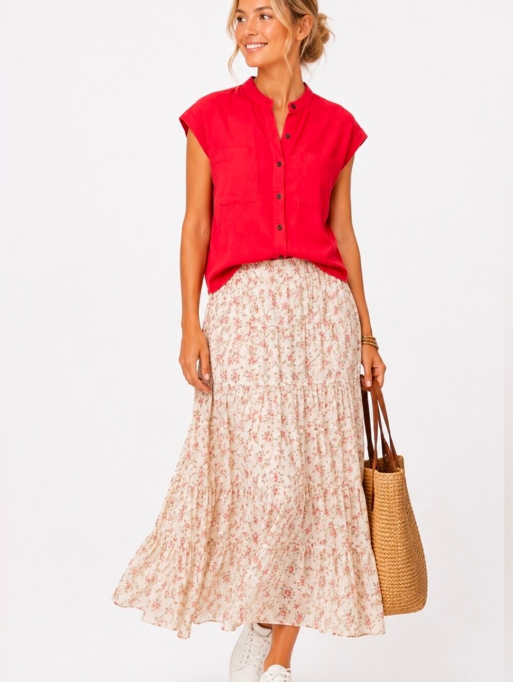 Banana Republic Coral-Red Sleeveless Mandarin Collar Button Front Top, XS